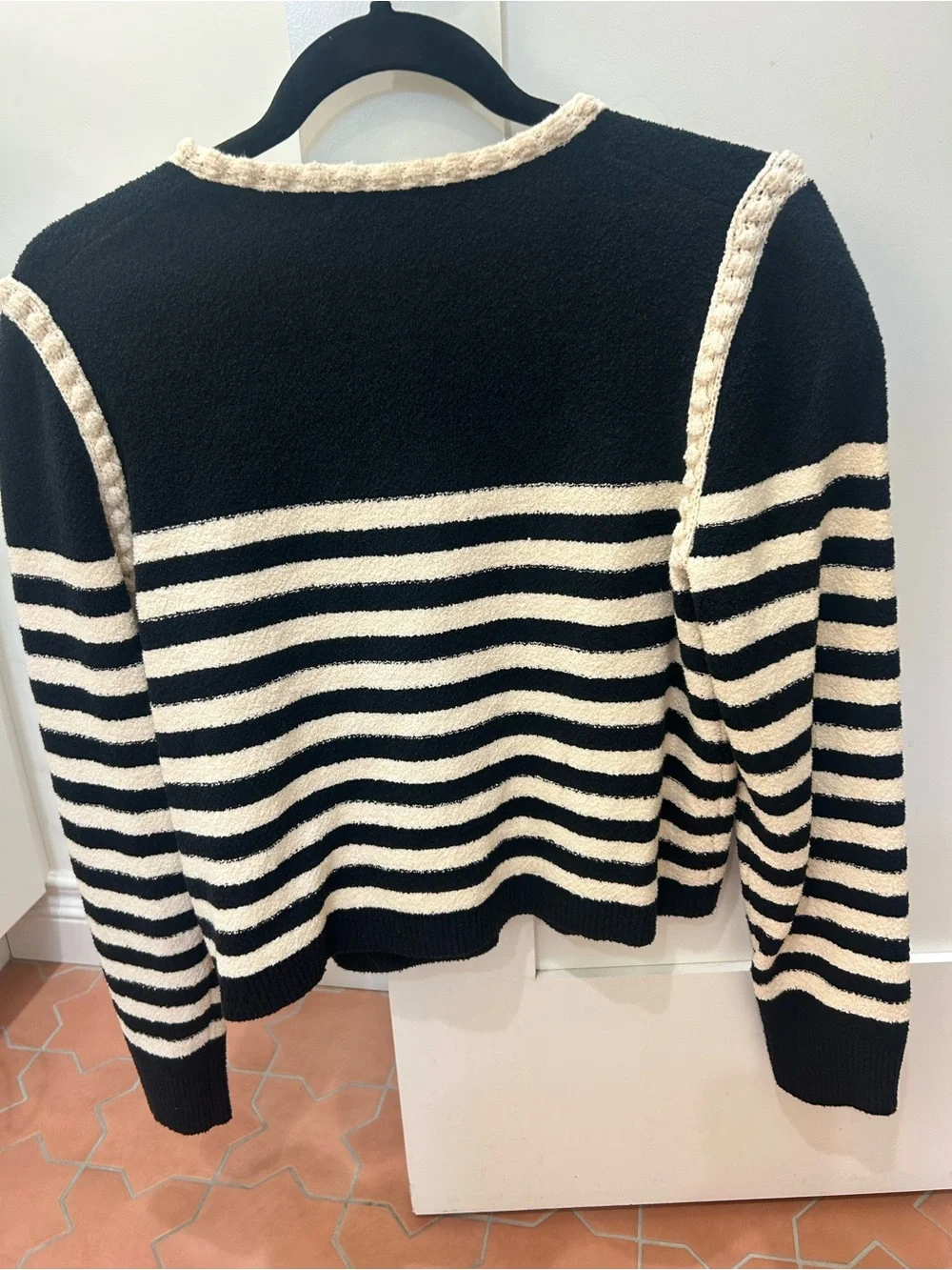 Classic J. Crew Women's Black and Cream Striped Bouclé Cardigan Sweater